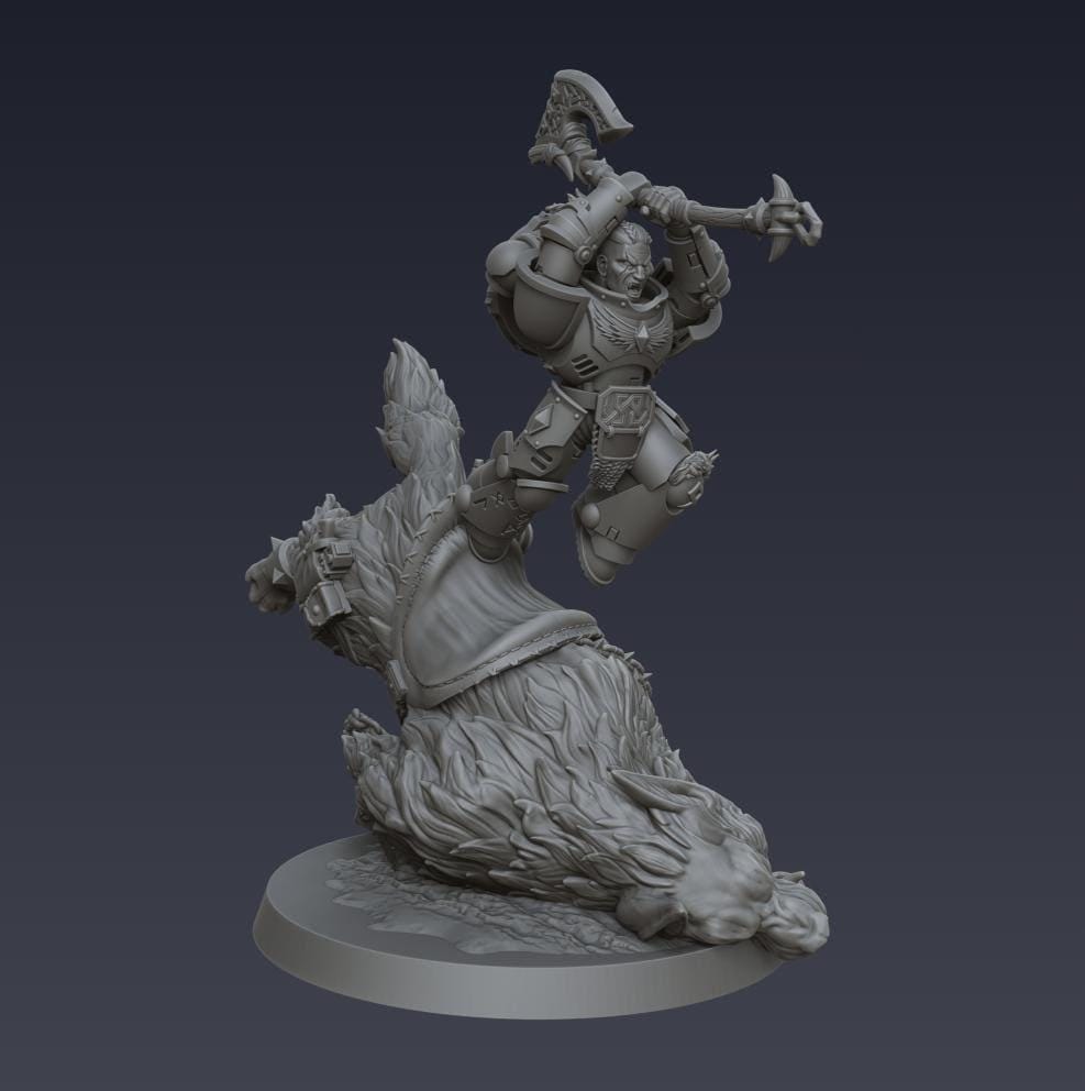 Space Viking Berserker on Storm Wolf - Cyberbrush 3D - Tabletop Wargaming Miniature Grim-Dark Sci-Fi Proxy