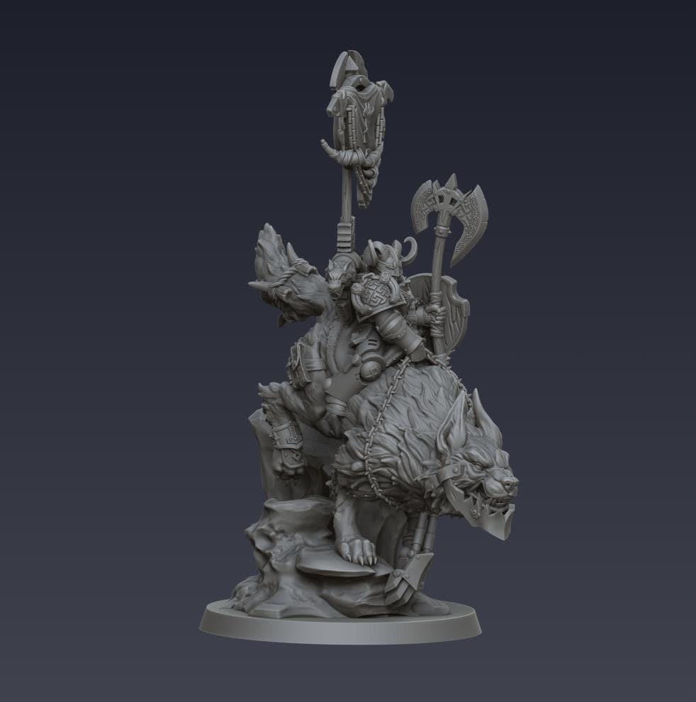 Space Viking Jarl on Storm Wolf - Cyberbrush 3D - Tabletop Wargaming Miniature Grim-Dark Sci-Fi Proxy