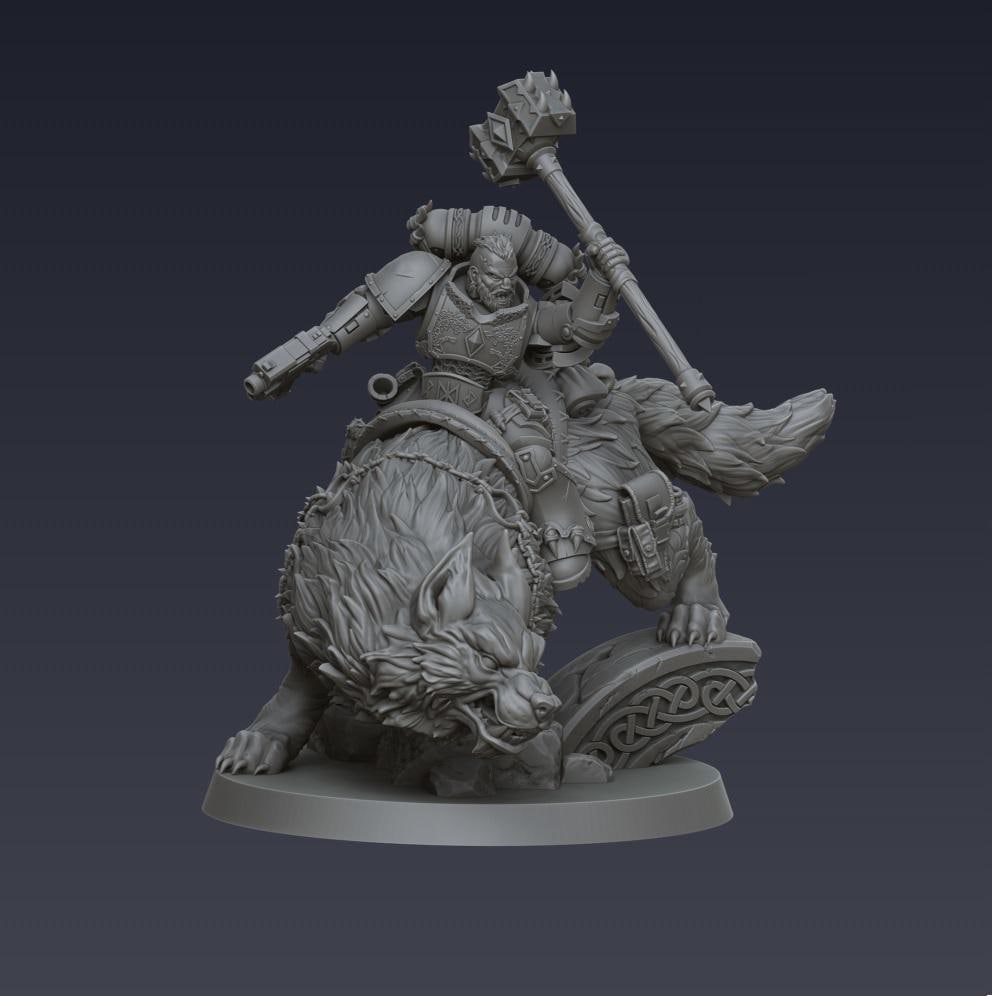 Space Viking Captain on Storm Wolf - Cyberbrush 3D - Tabletop Wargaming Miniature Grim-Dark Sci-Fi Proxy