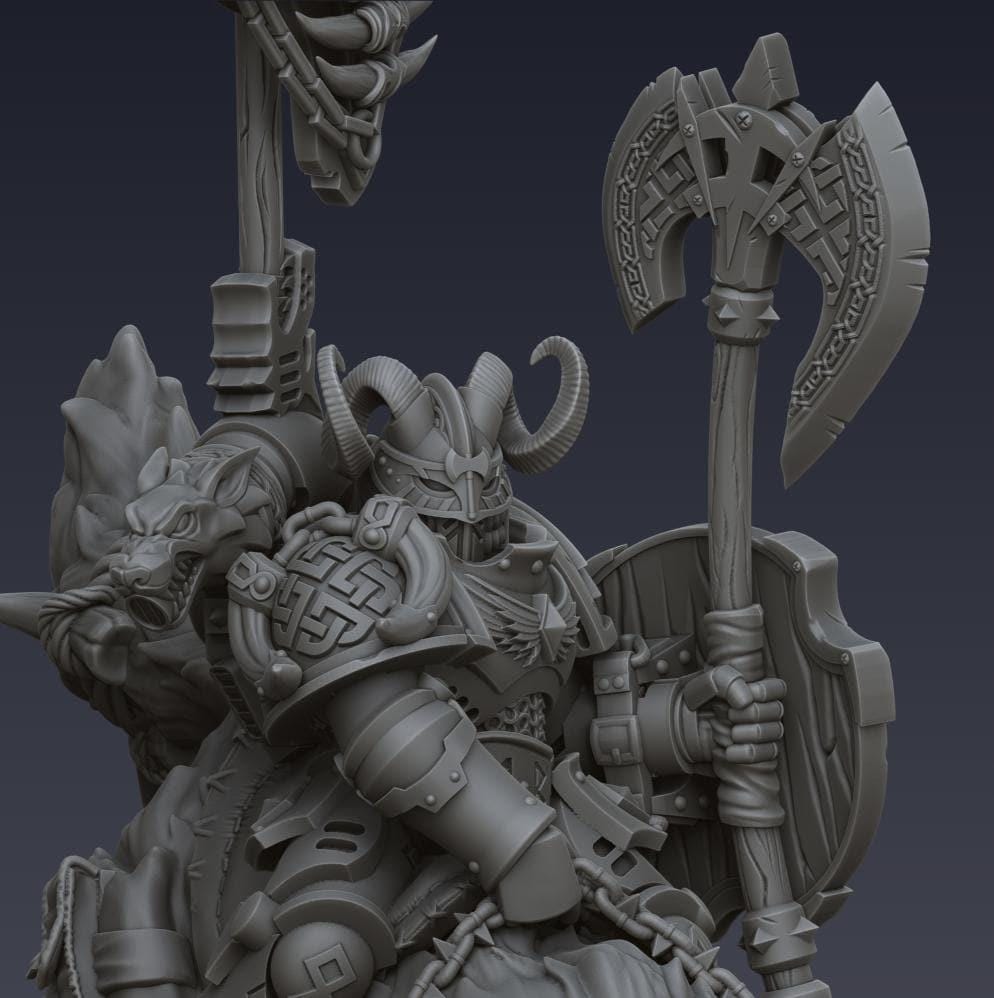 Space Viking Jarl on Storm Wolf - Cyberbrush 3D - Tabletop Wargaming Miniature Grim-Dark Sci-Fi Proxy